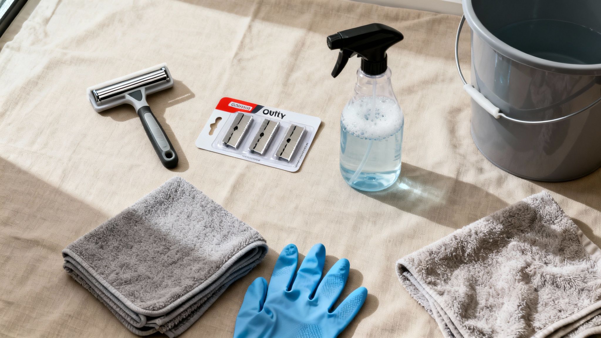 Cleaning tools for paint removal, including a scraper, spray bottle, bucket, gloves, and microfiber cloths.