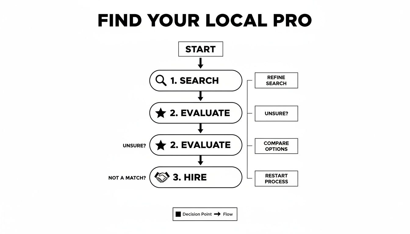 Flowchart illustrating the steps to find and hire a local professional, from searching to evaluating and hiring.