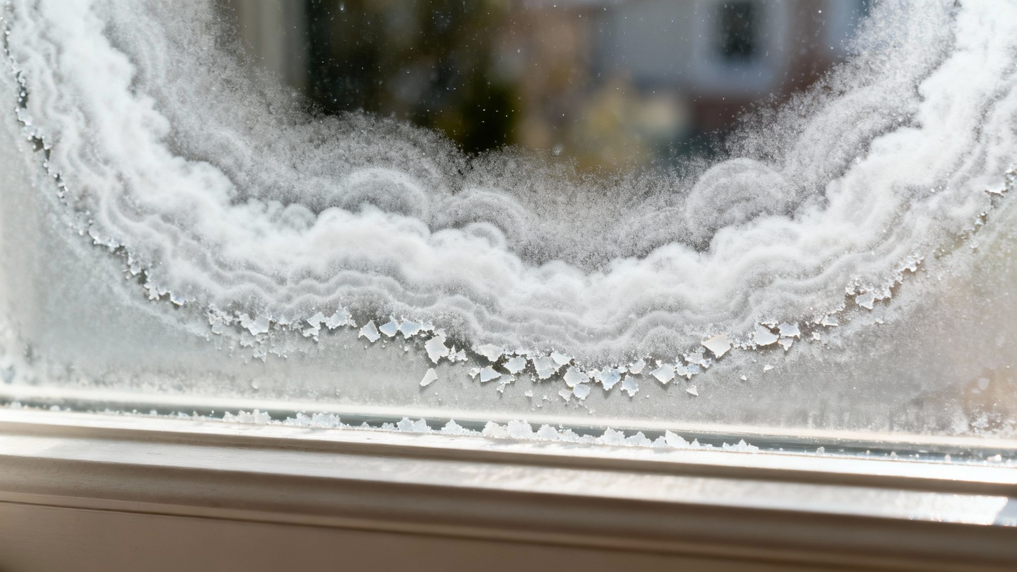 White, mineral water stains with wavy patterns and flaking on a dirty window pane.