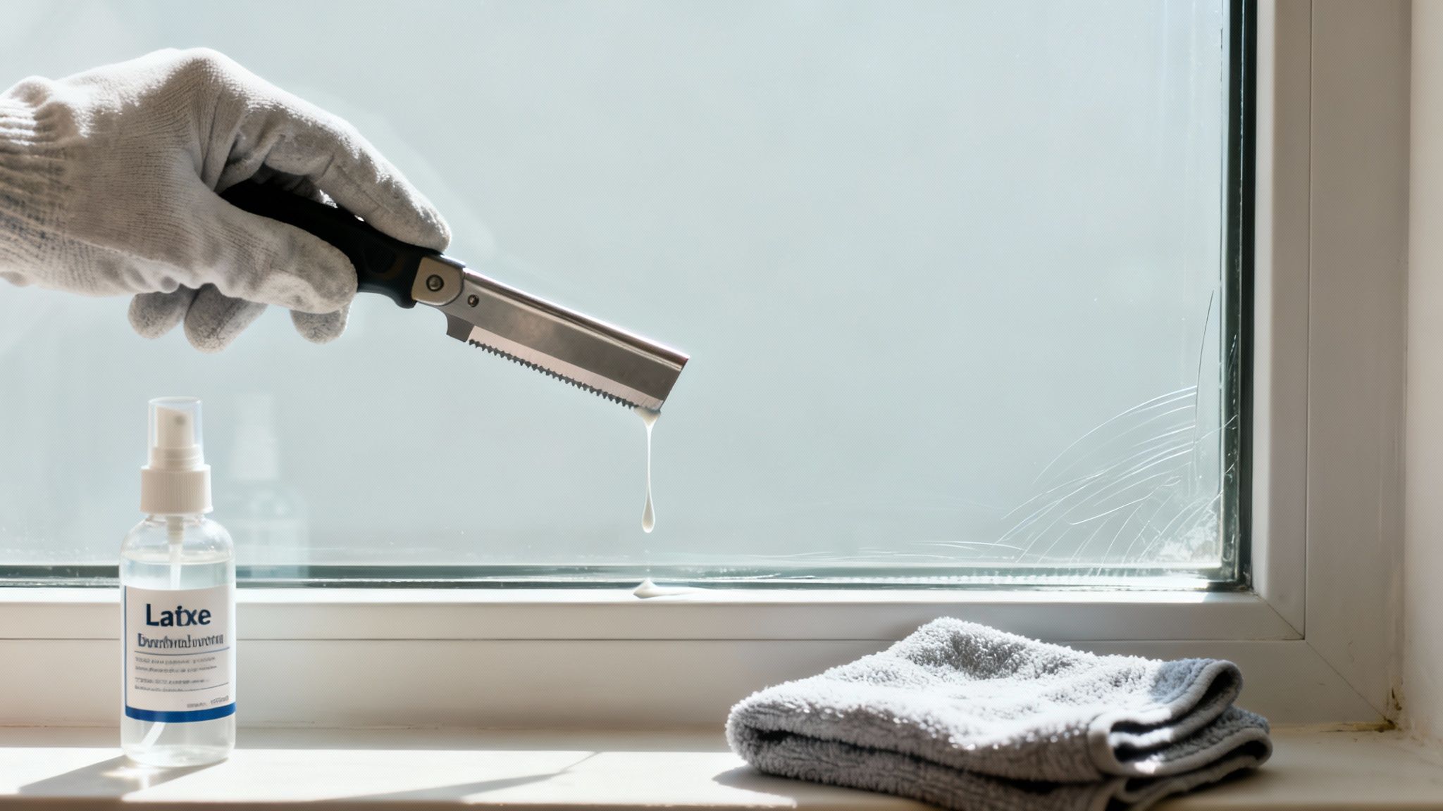 A gloved hand scrapes white residue from a window pane with a tool, beside cleaning spray and towel.