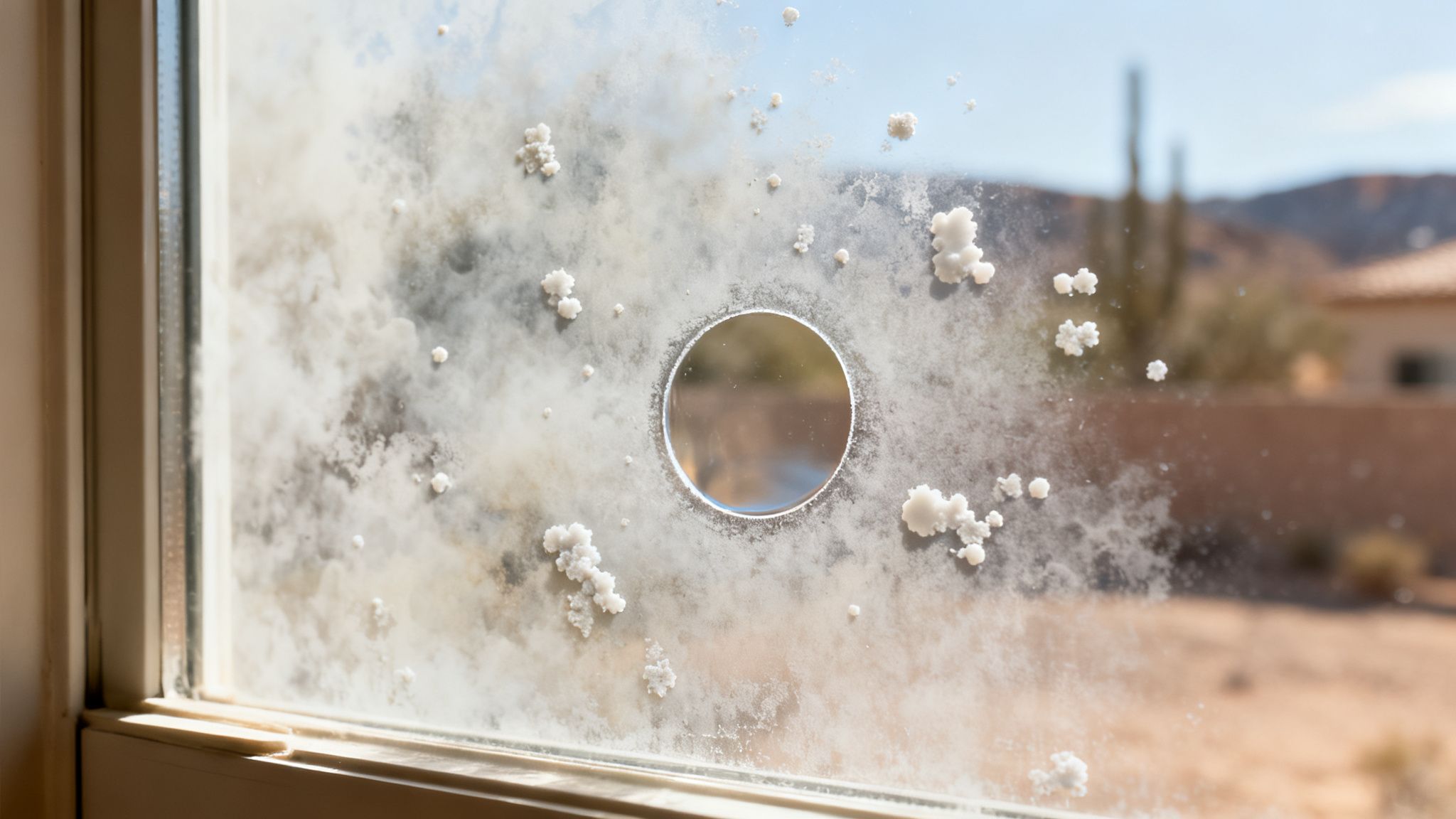 A dirty window with white crystalline water spots and a clean circular spot revealing a blurred desert landscape.