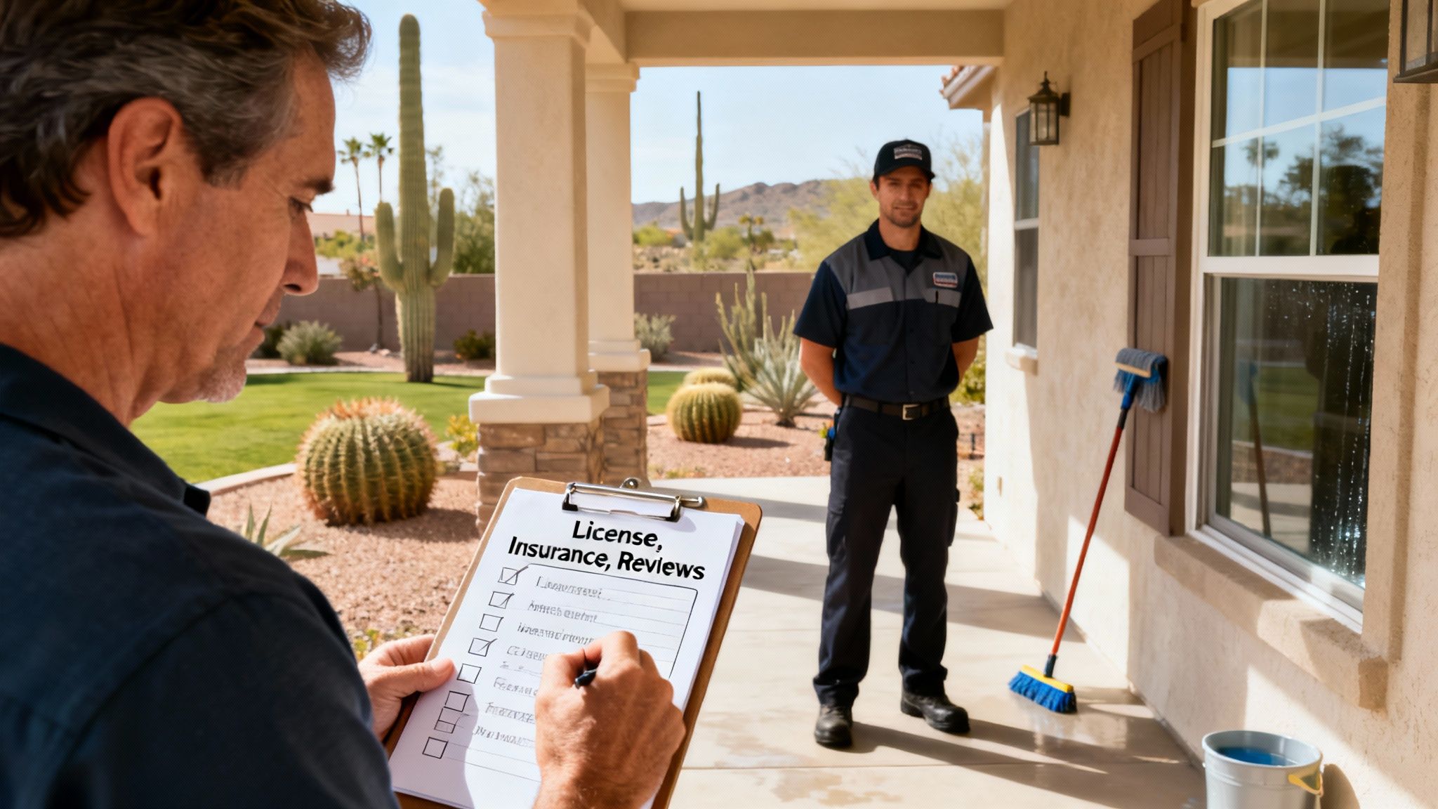 A homeowner reviews a window cleaner's license and insurance on a clipboard in a desert home.