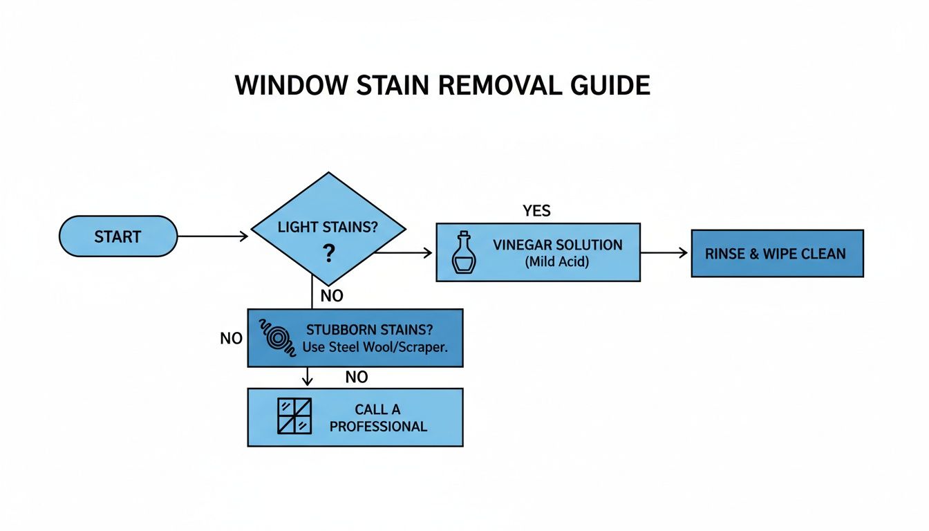 Flowchart illustrating steps to remove window stains, from light with vinegar to stubborn with steel wool, or calling a professional.