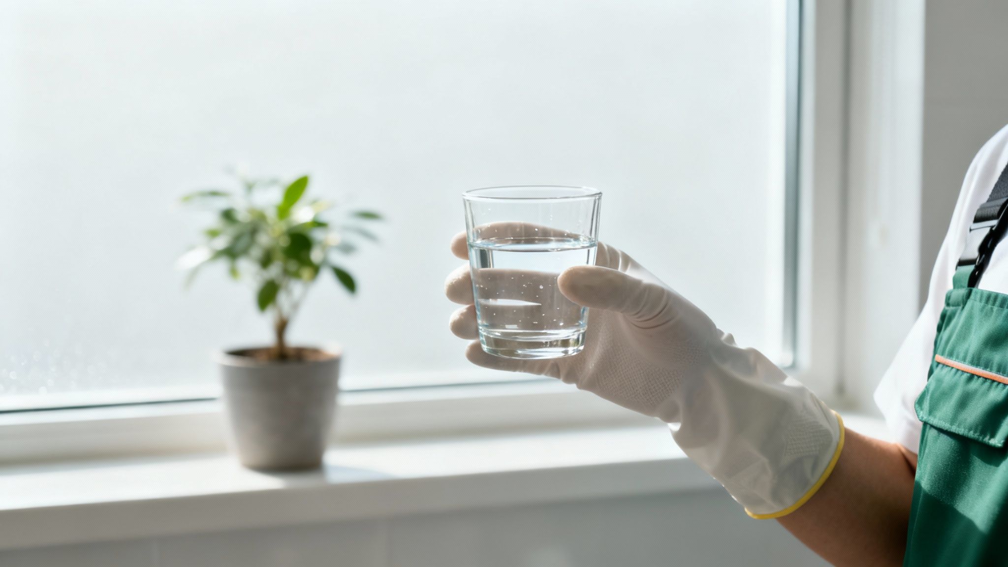 A professional window cleaner using a water-fed pole on a residential window.