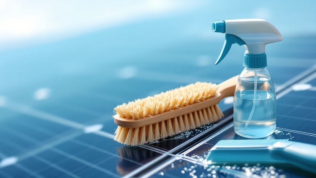 An assortment of solar panel cleaning tools, including a long-handled brush, squeegee, and safety gear.