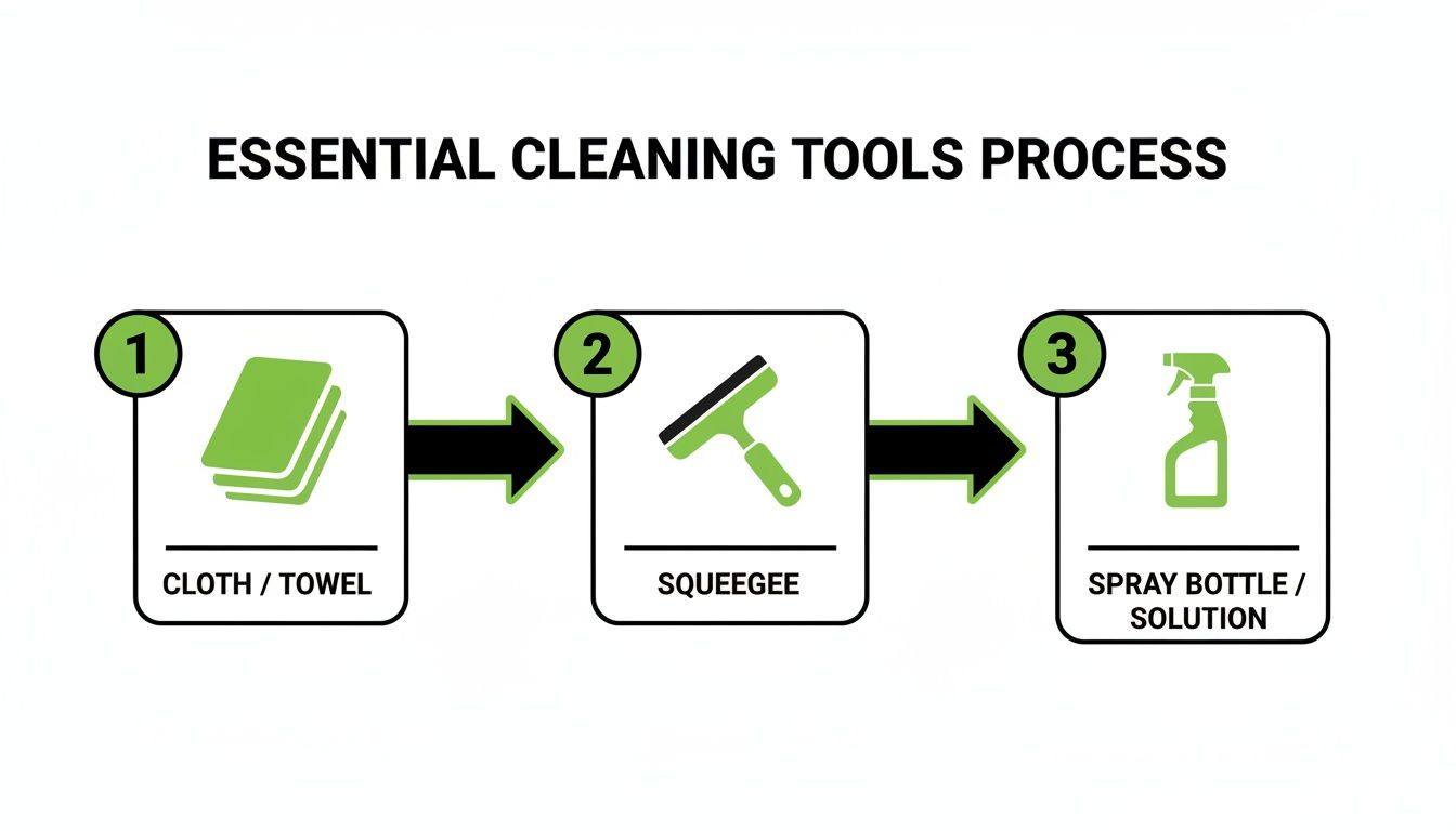 A step-by-step guide illustrating essential cleaning tools process: cloth, squeegee, and spray bottle.