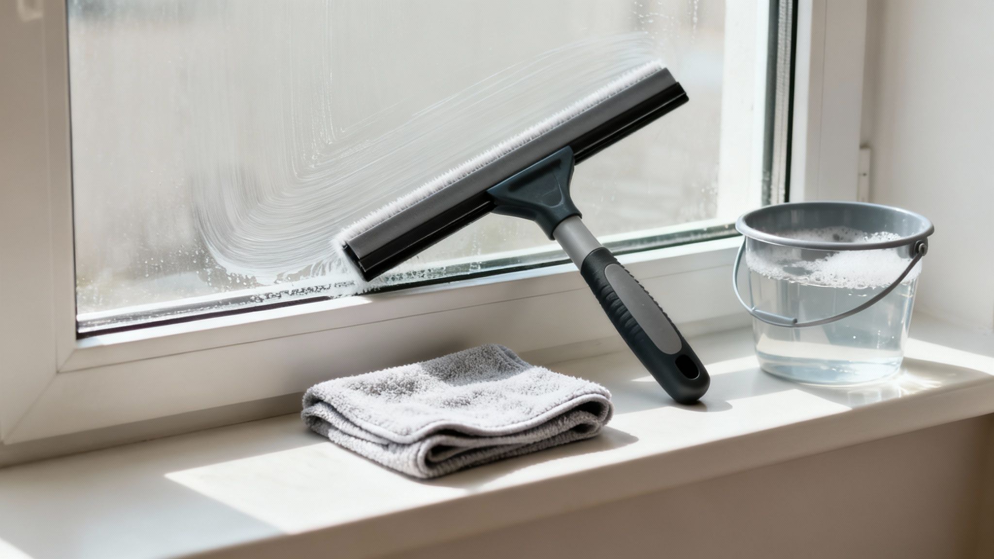 A close-up view of a double-pane window with condensation trapped between the glass layers, looking blurry and hazy.
