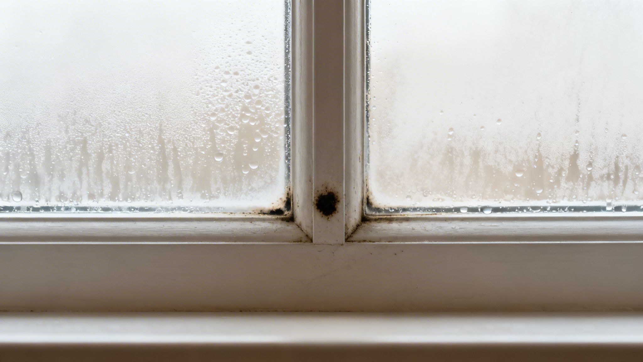 Close-up of a window with heavy condensation and black mold on the frame.