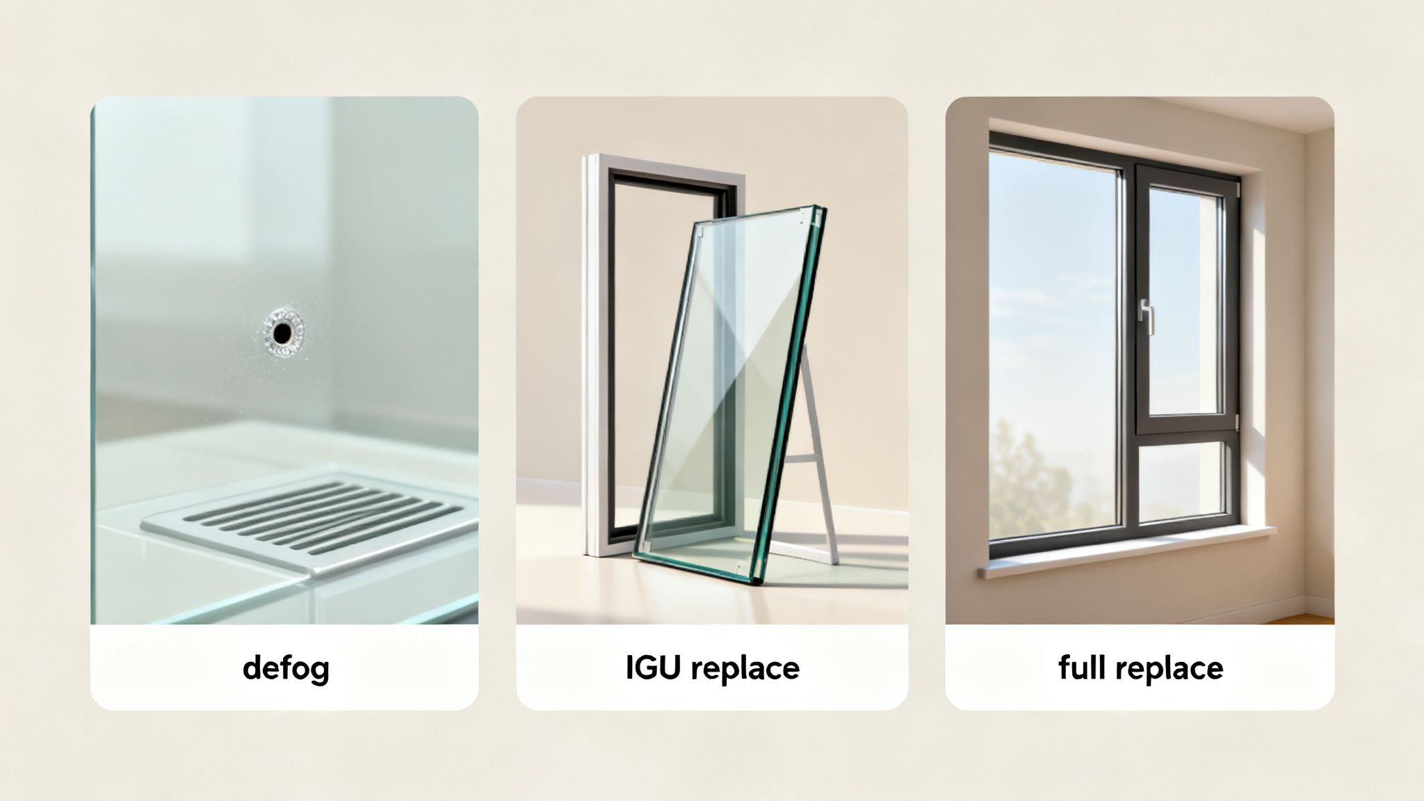 Three options for window repair and replacement: defogging, IGU replacement, and full window replacement.