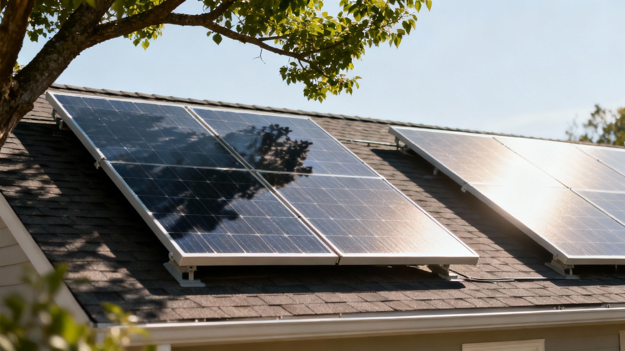 Multiple solar panels on a residential roof, reflecting sunlight under a clear blue sky.