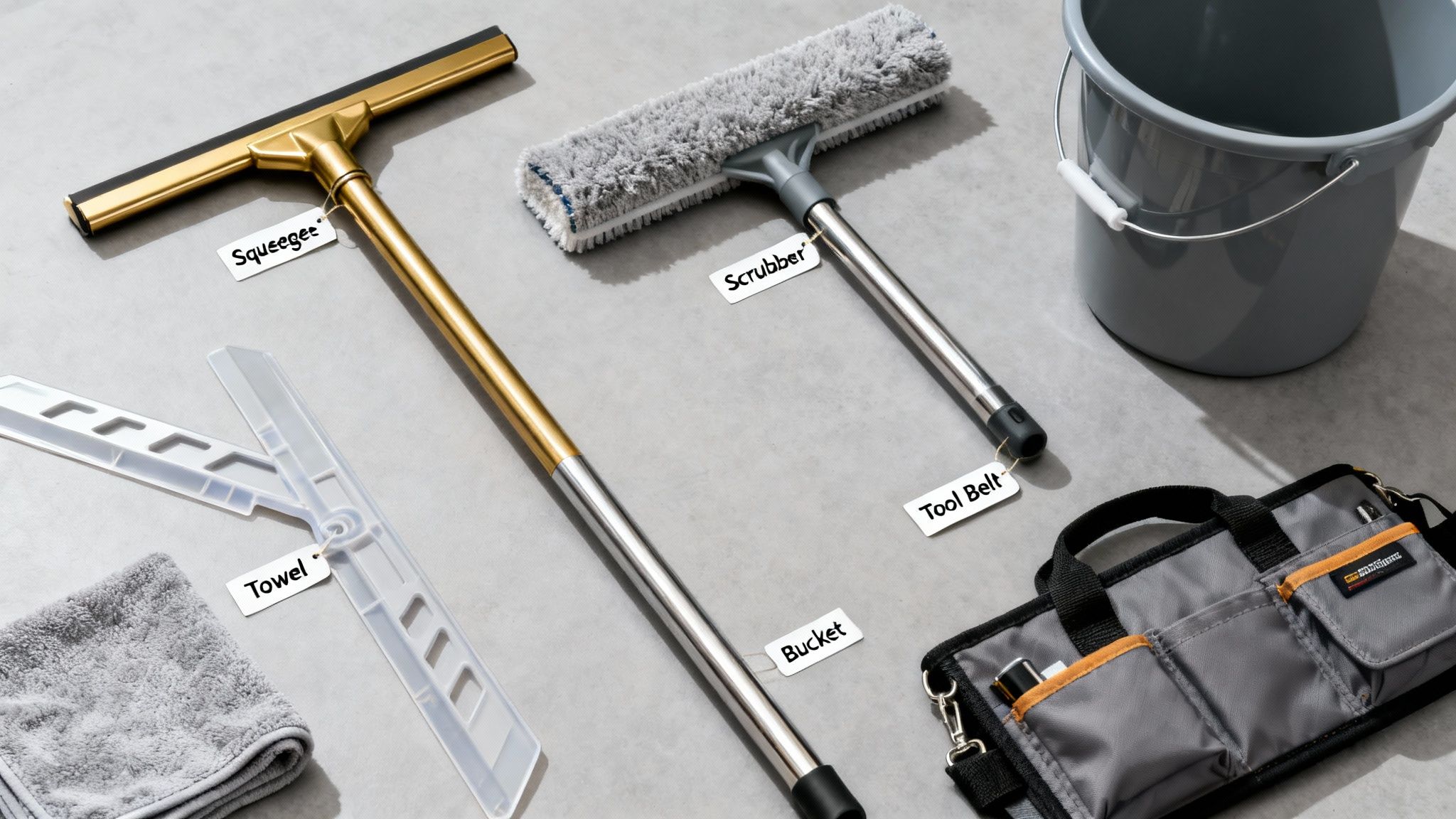 A flat lay of window washing tools including a golden squeegee, scrubber, bucket, and towel.