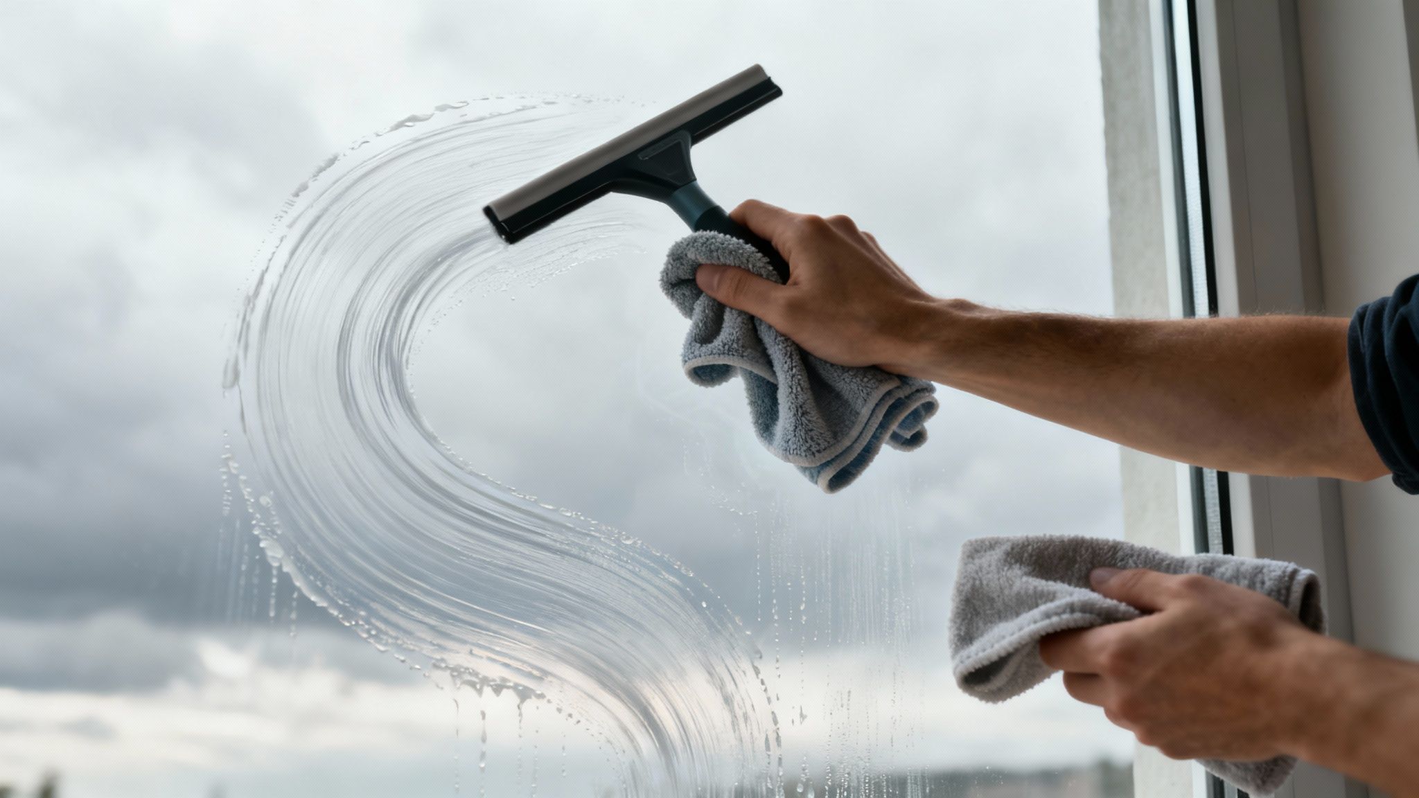A person using a squeegee with the S-stroke technique on a large, soapy window.