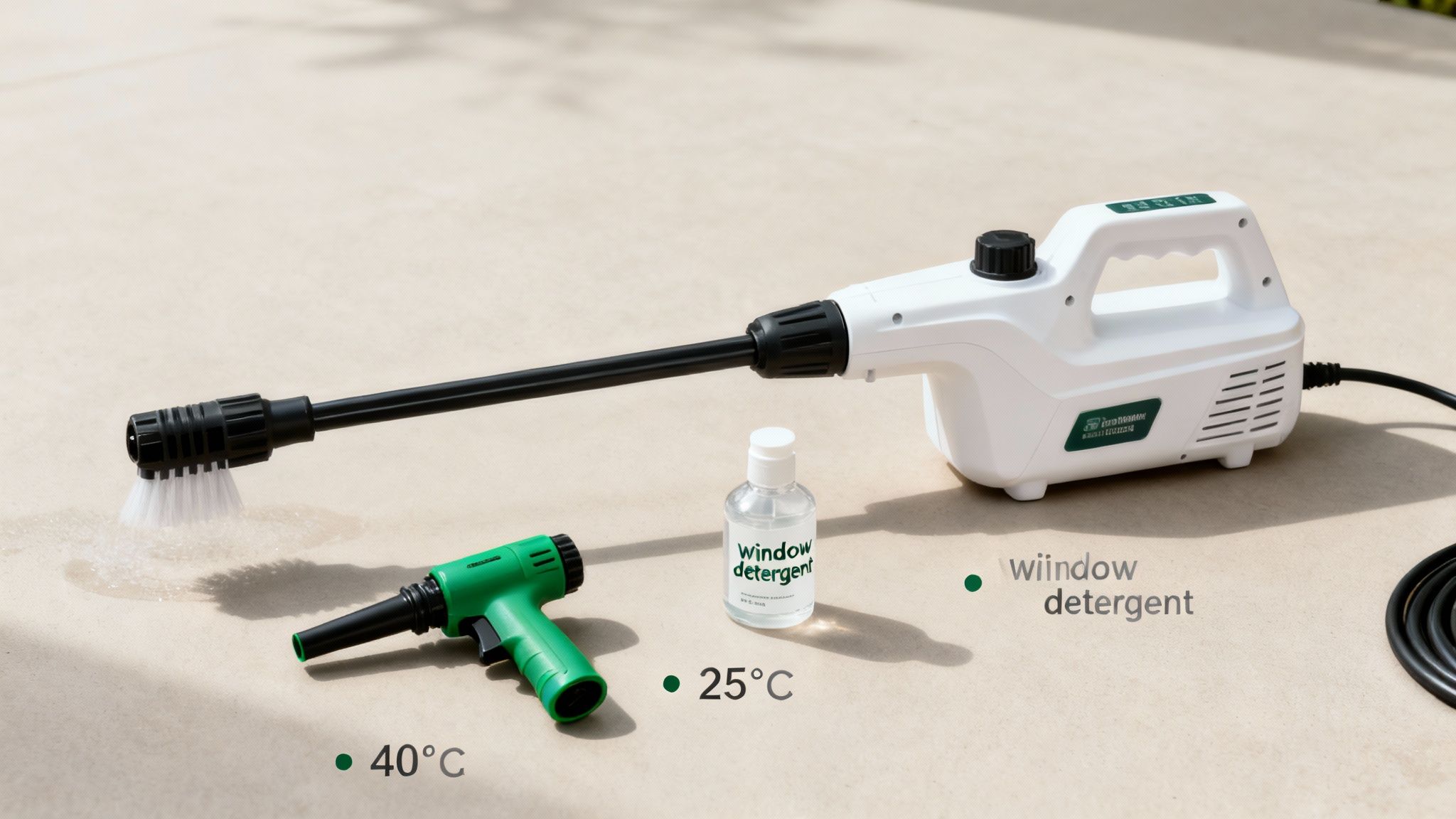A person holding a pressure washer with different colored nozzle tips displayed in the foreground.