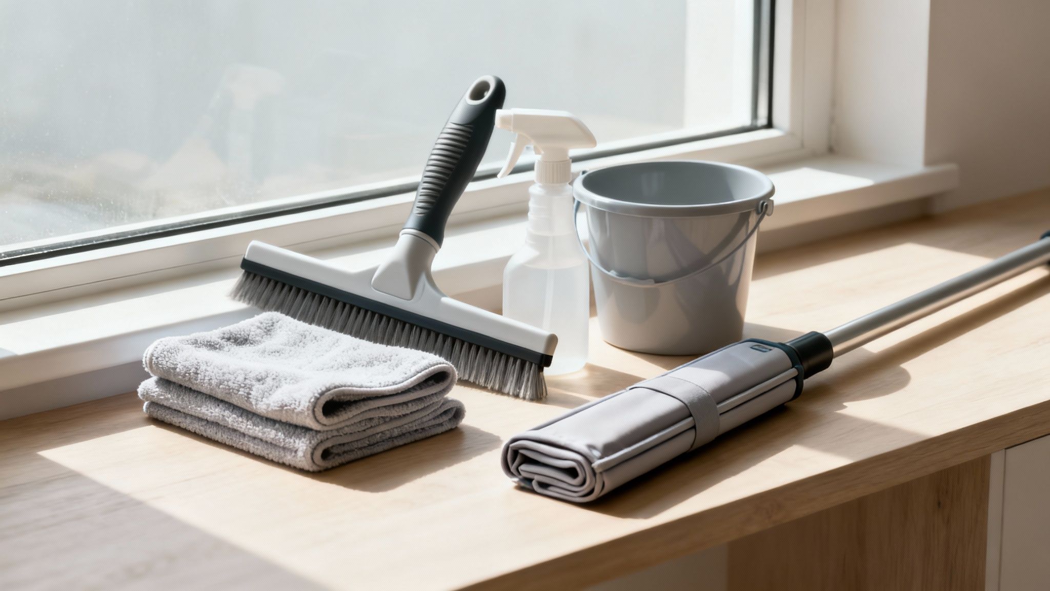 A collection of window cleaning tools, including a squeegee, scrubber, and bucket, laid out neatly.