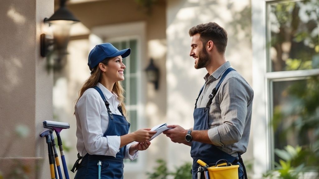 A friendly, uniformed window cleaner smiles while holding a squeegee, with a company van visible in the background, projecting professionalism and trust.