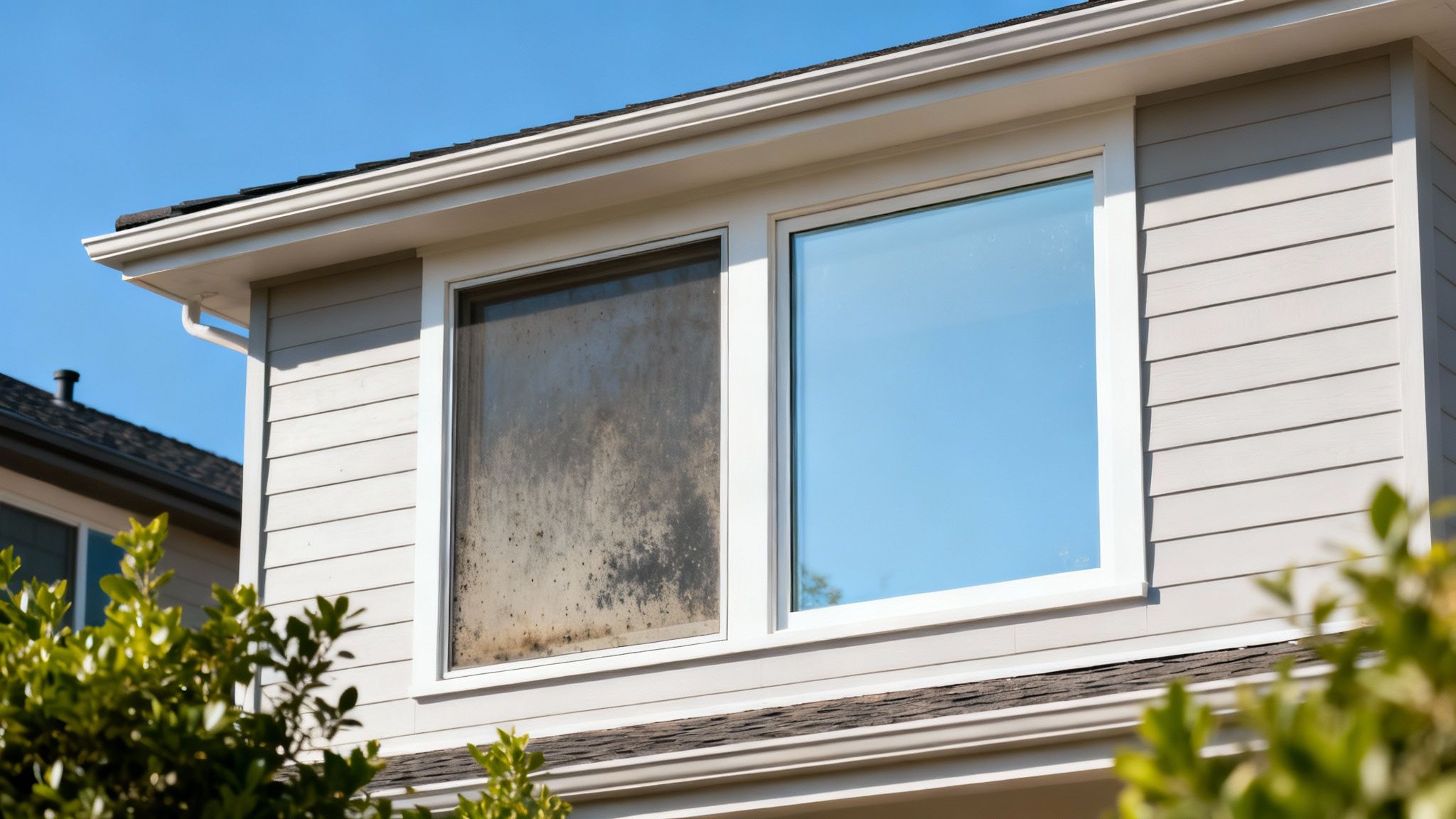 Before and after comparison of a house window, one dirty and one sparkling clean.