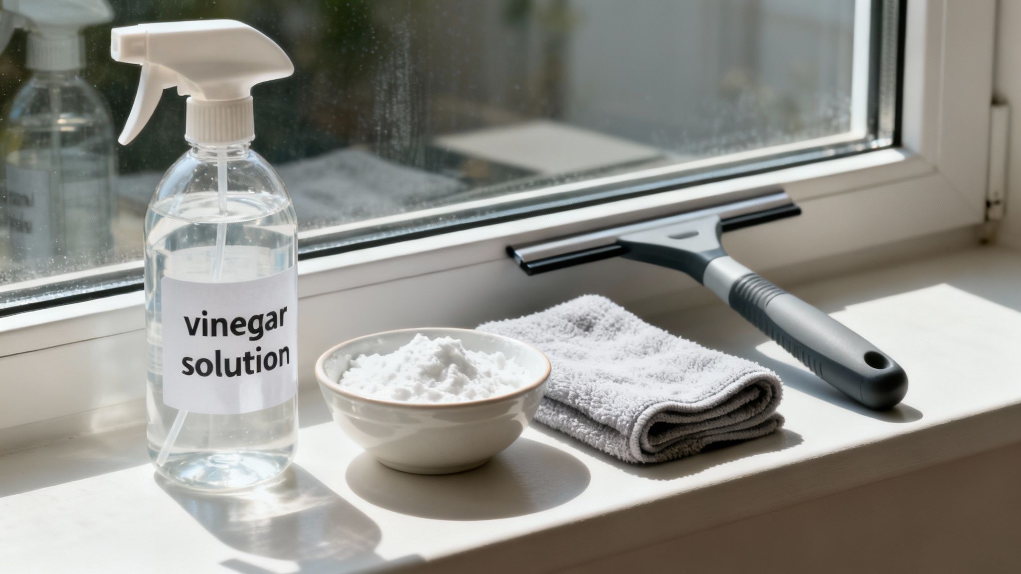 Close-up of a stubborn hard water stain on a window