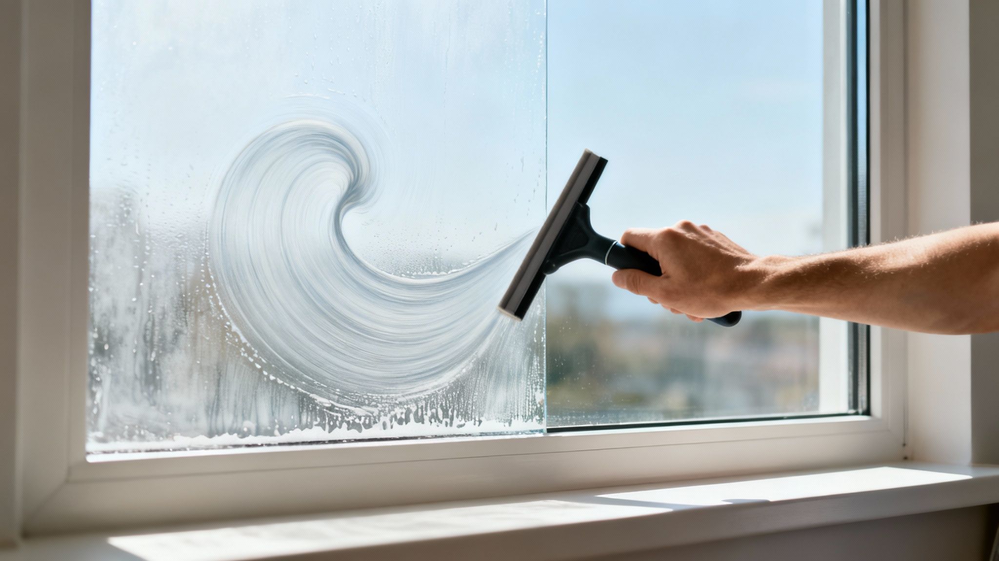 A hand using a squeegee to clean a window, removing soapy residue in a wave pattern.