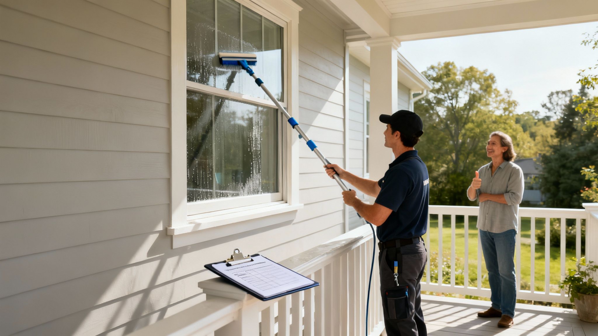Professional window cleaner washes a house window as a satisfied customer gives a thumbs up.