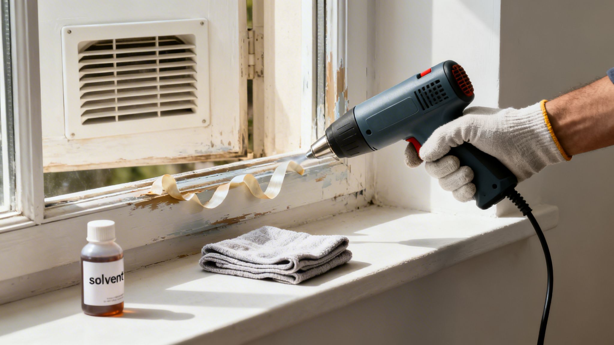 A gloved hand uses a heat gun to strip peeling paint from an old wooden window frame, revealing bare wood.