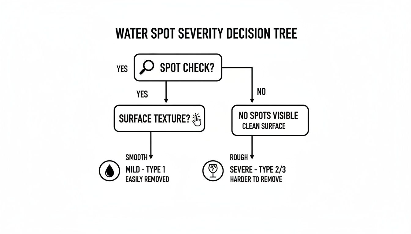 A decision tree illustrating water spot severity, guiding users to check for spots and determine if they are mild or severe based on surface texture.
