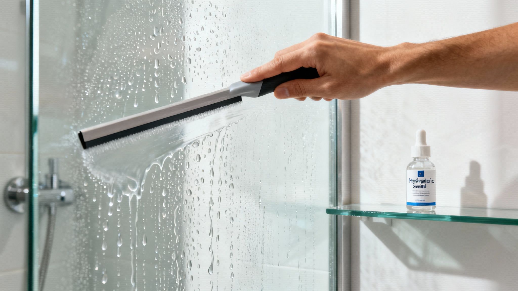 A person uses a squeegee to clean water spots off a glass shower door, with a serum bottle nearby.