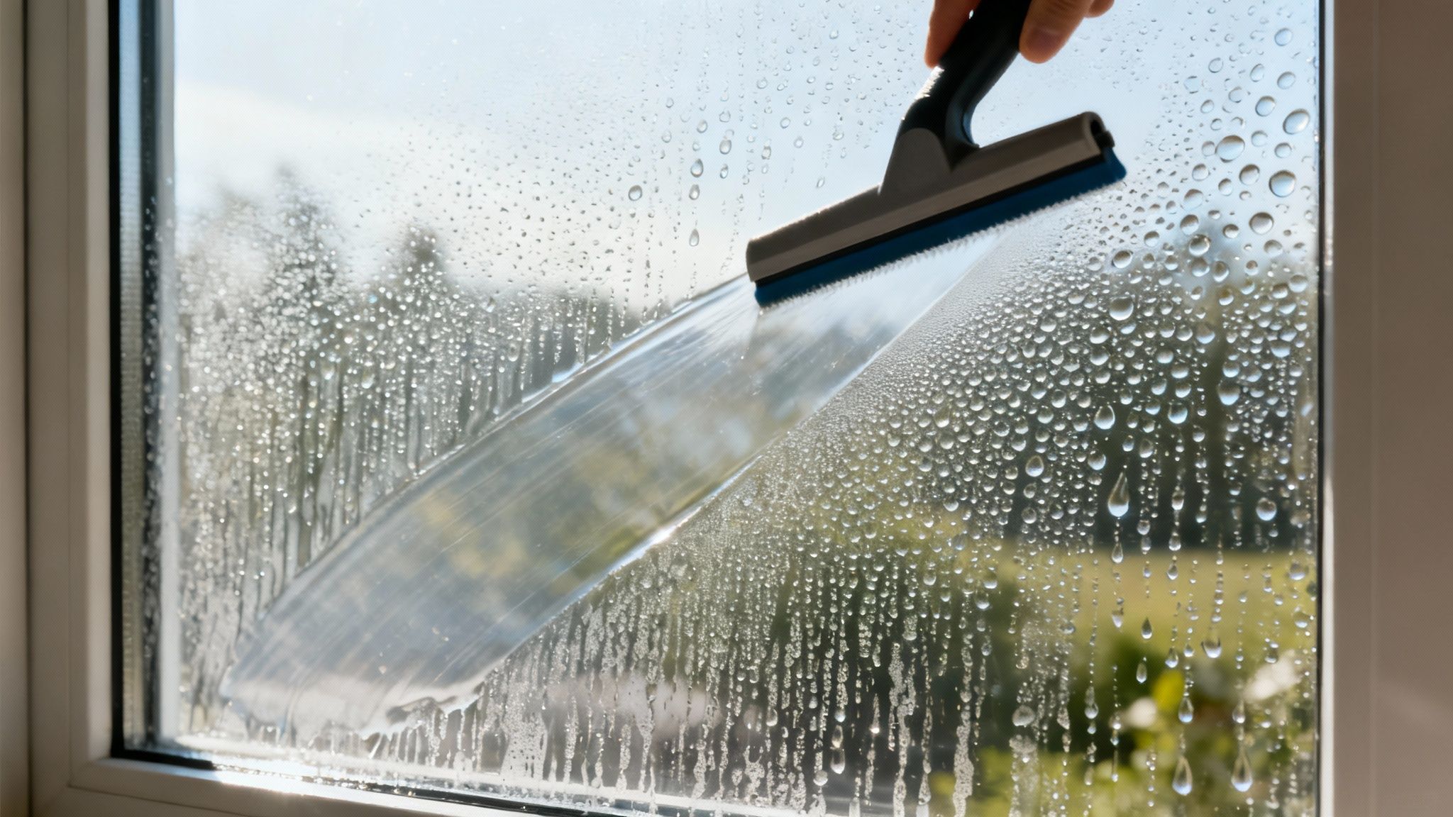 A person using a squeegee to clean a window, demonstrating a preventative cleaning technique.
