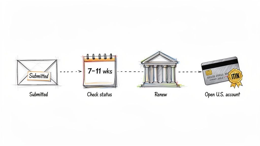 Visual steps for obtaining an ITIN: submit, wait 7-11 weeks, renew, and open a U.S. bank account.