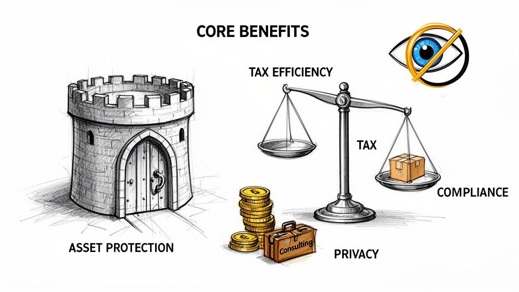 Illustration showing core benefits including asset protection (castle), tax efficiency (scale), compliance, and privacy.