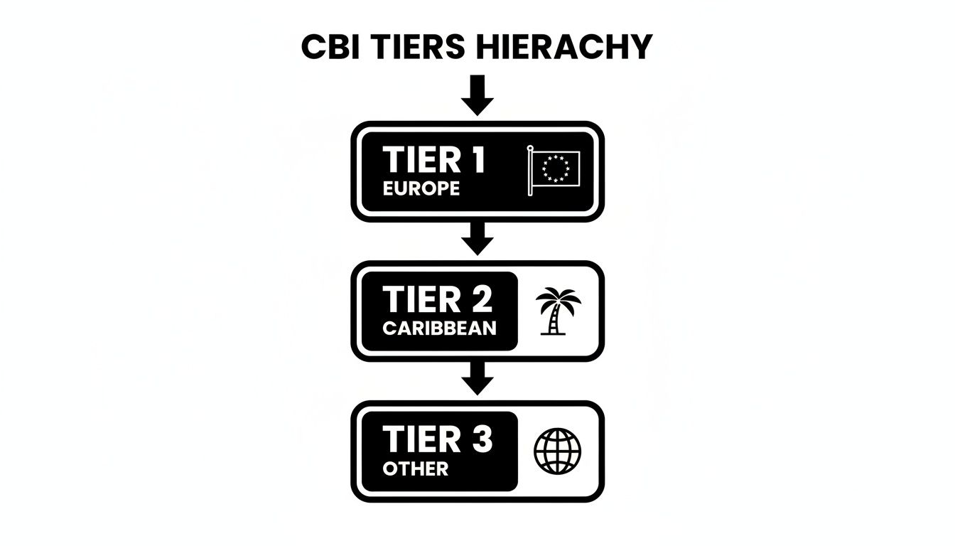 CBI Tiers Hierarchy diagram illustrating three levels: Europe, Caribbean, and Other, with icons.