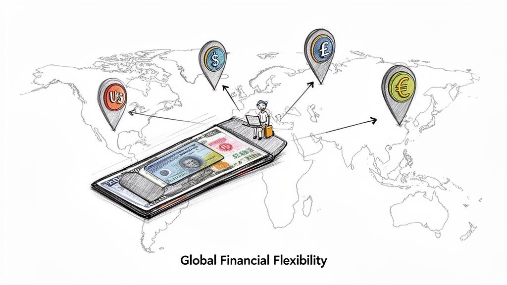 Illustration of global financial flexibility showing a person managing international currencies on a smartphone.
