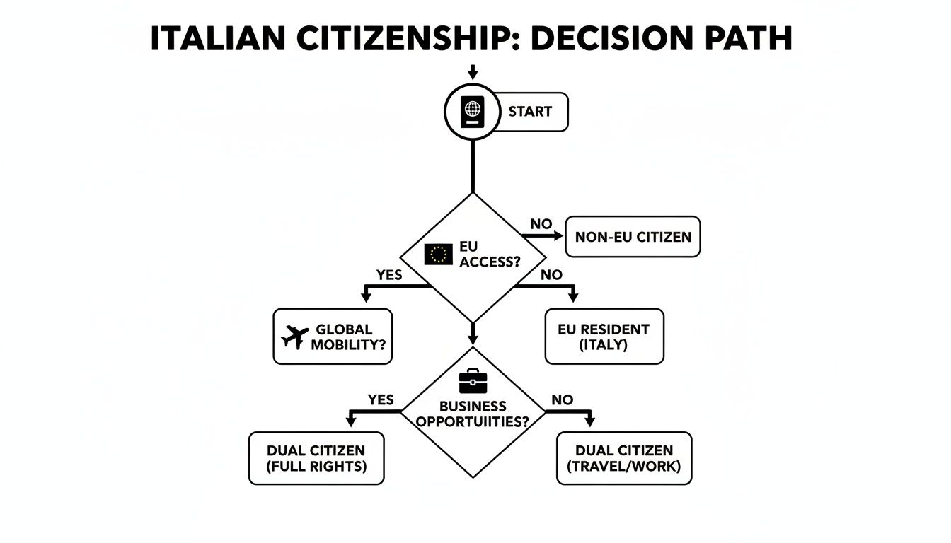 A flowchart titled 'Italian Citizenship: Decision Path' illustrating steps for obtaining Italian citizenship, covering EU access, global mobility, and business opportunities.