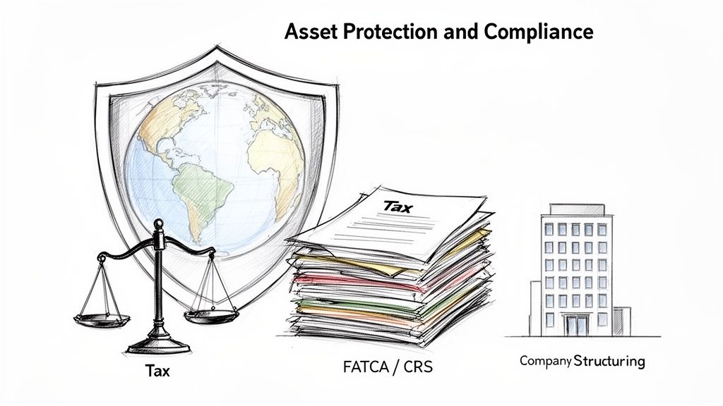 Illustration of asset protection and compliance with a global shield, tax scales, documents, and company building.