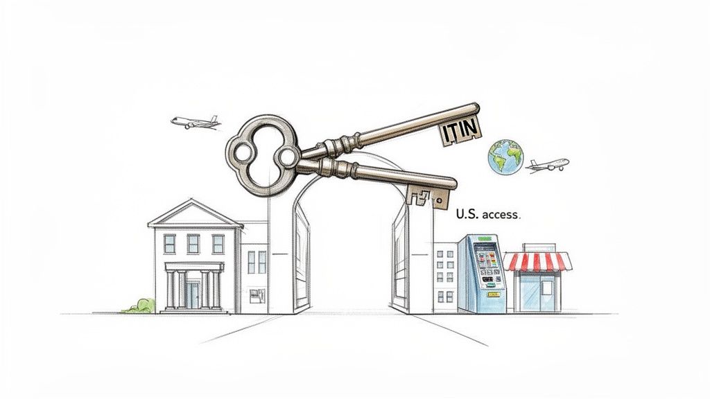 Two keys, one labeled ITIN, opening an archway to U.S. access, illustrating global financial entry.