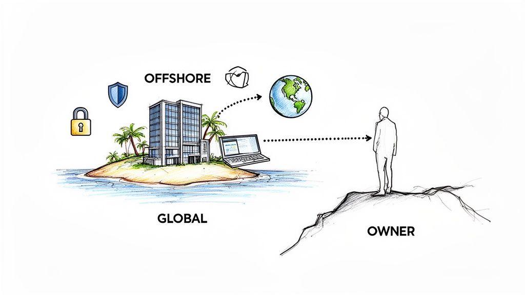 Diagram showing an offshore company on an island providing global services and asset protection to an owner.