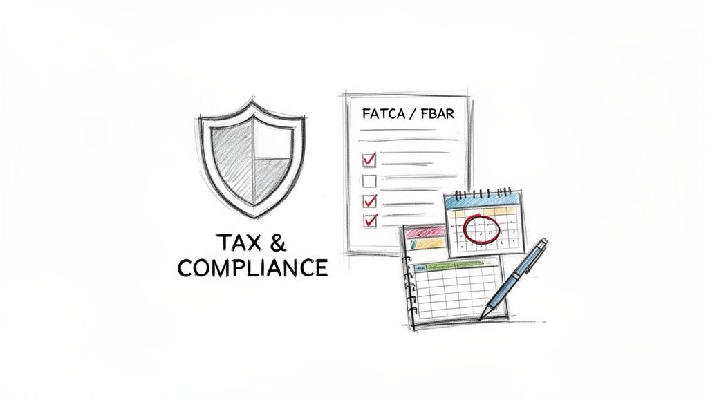 Illustration of tax and compliance management, featuring a shield, FATCA/FBAR document, calendars, and a pen.