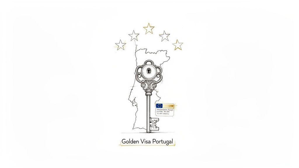 An artistic rendering of Portugal's map with a vintage key, EU stars, and 'Golden Visa Portugal' text.