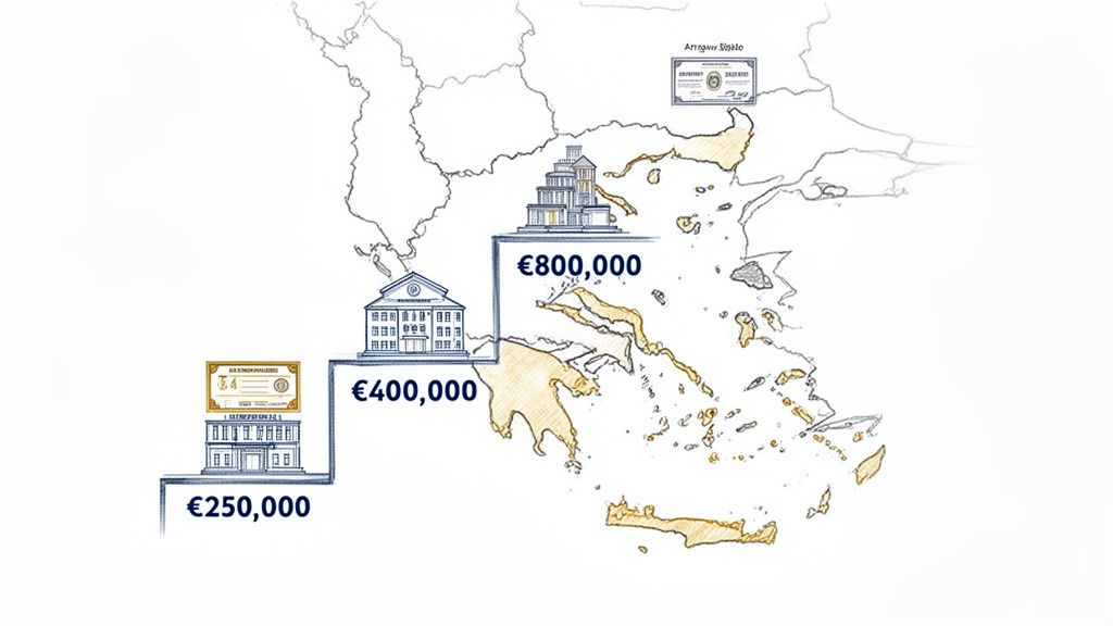 Illustrative map of Greece displaying various real estate investment tiers for Golden Visa applications.