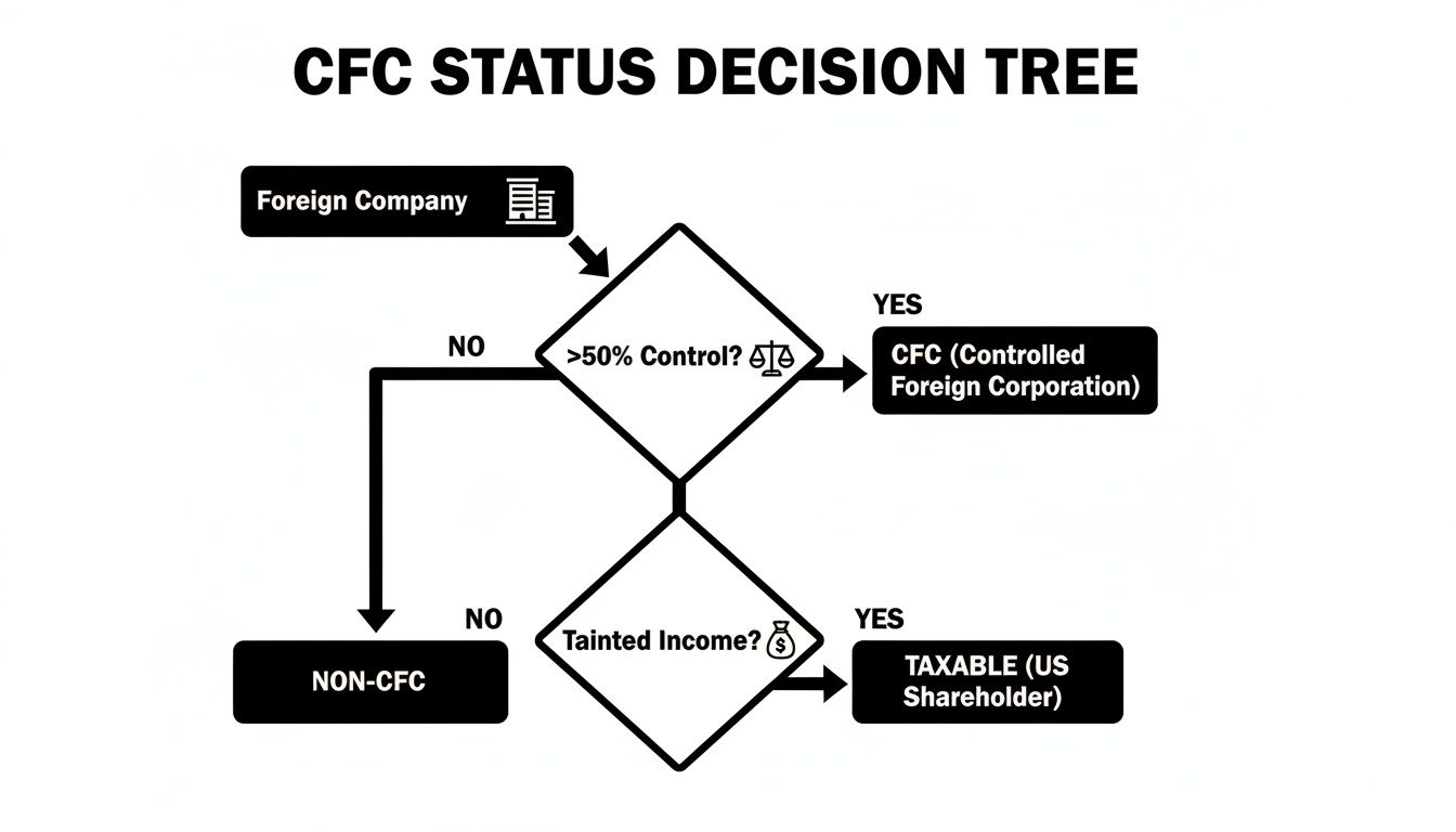 A decision tree illustrating the process to determine Controlled Foreign Corporation (CFC) status.