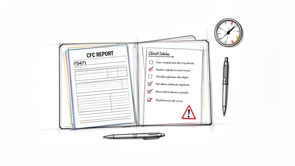 A sketched image of an open binder with a 'CFC REPORT' and a checklist, accompanied by pens and a clock.