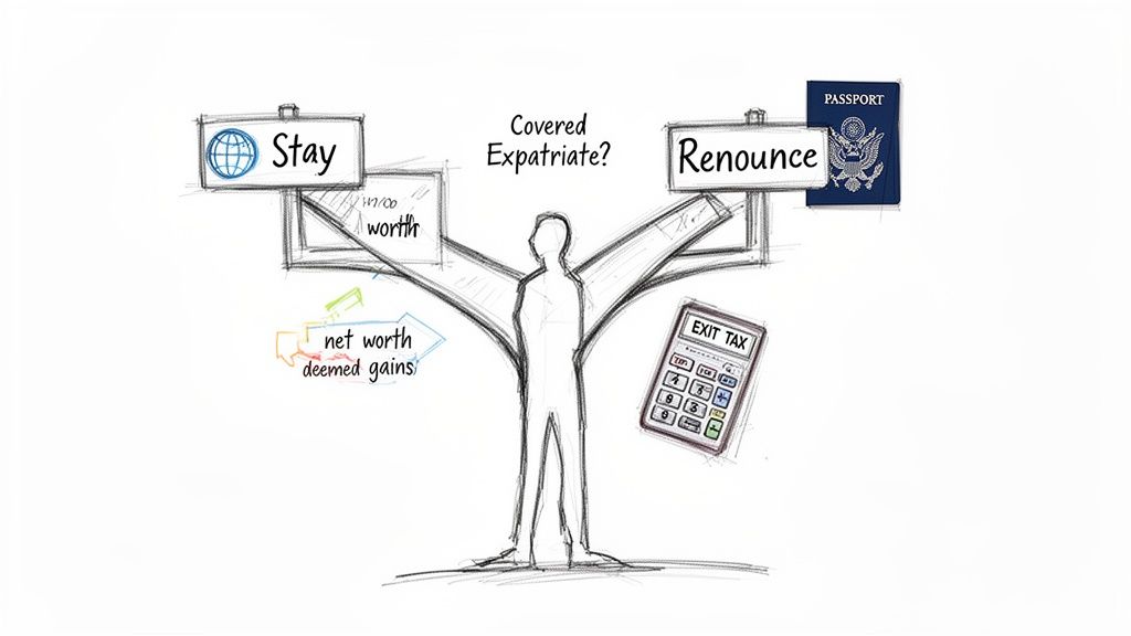 A person at a crossroads, deciding between staying or renouncing citizenship, considering net worth, deemed gains, and exit tax implications.