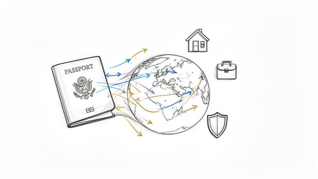 Illustration of a US passport, globe, and arrows connecting to house, briefcase, and shield icons, symbolizing global mobility and investment opportunities.