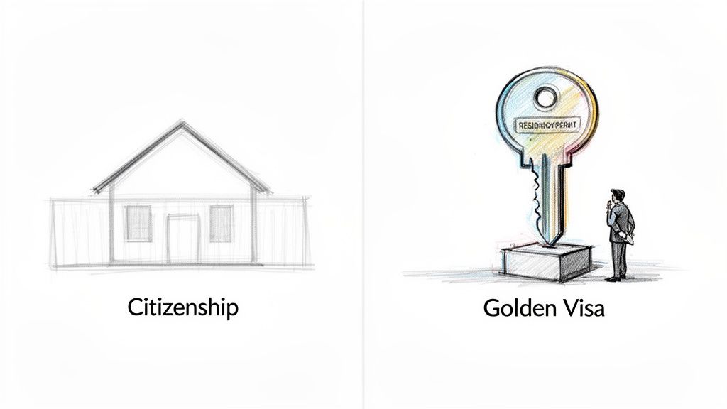 Illustration comparing citizenship as a stable house and a Golden Visa as a key to a residency permit.