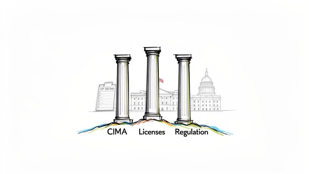 Three classical columns labeled CIMA, Licenses, Regulation, with government buildings in the background.