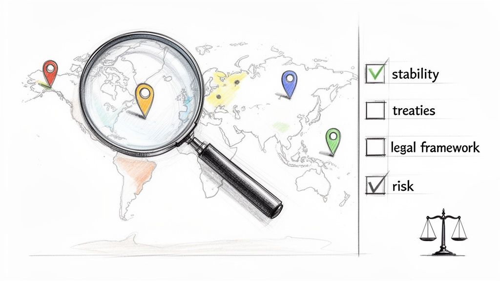 A magnifying glass over a world map with location pins, a checklist for stability and risk, and a justice scale.