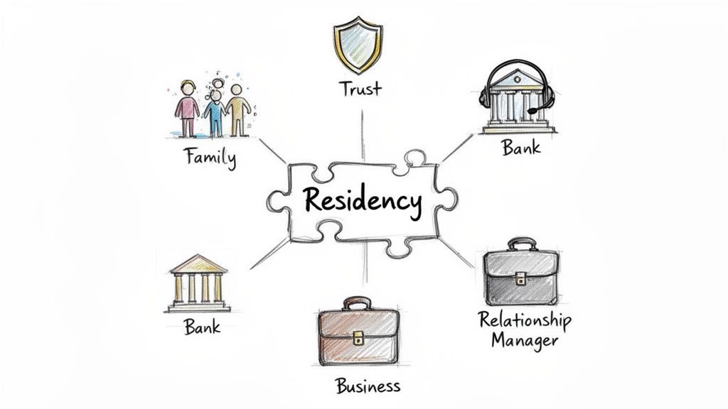 A diagram with a central 'Residency' puzzle piece connected to Family, Trust, Bank, Business, and Relationship Manager.