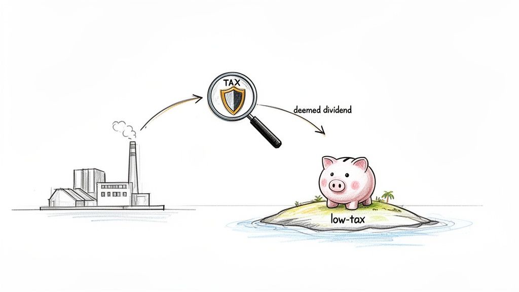 Illustration of factory profits being reclassified as 'deemed dividend' by tax for a low-tax offshore piggy bank.