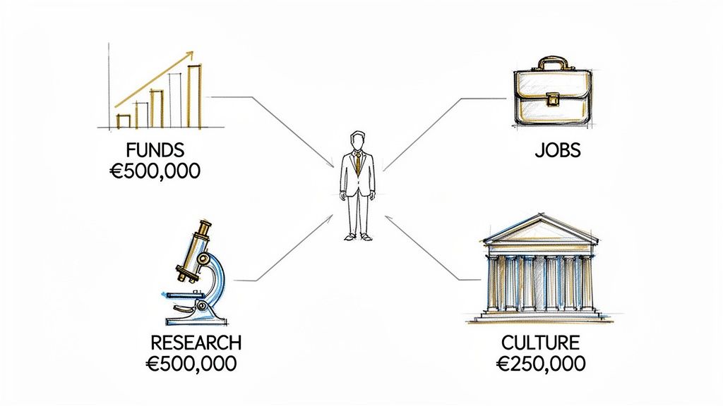 Diagram showing a person at the center, linked to funds, jobs, research, and culture with specific financial contributions.