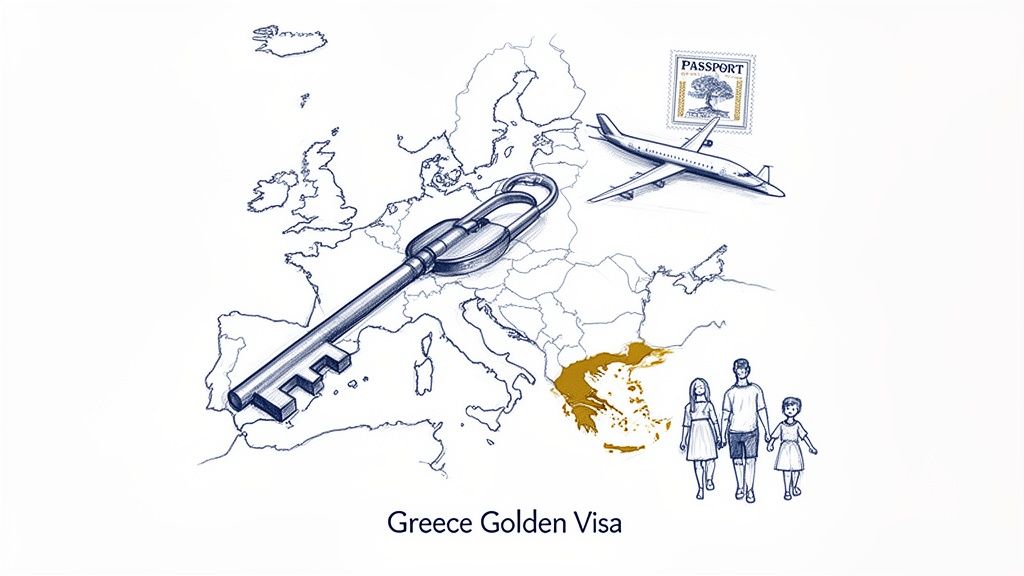 An illustration highlighting Greece's Golden Visa program, showing a key, travel, and family on a European map.