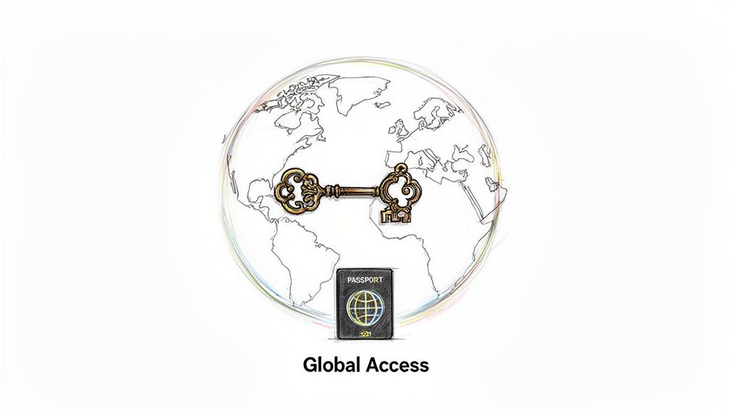A sketched globe with a golden ornate key over it, and a passport below, signifying global access.